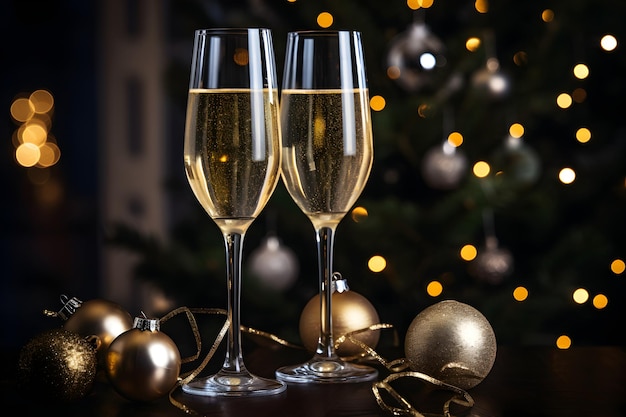 Deux verres de champagne devant un arbre de Noël