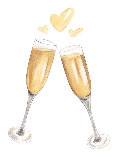 Deux verres de champagne avec des éclaboussures en forme de coeur. Illustration aquarelle dessinée à la main