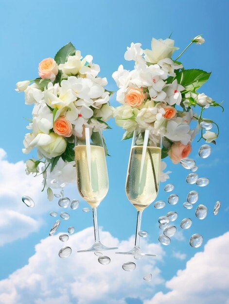 Deux verres de champagne avec des fleurs et des glaçons sur fond de ciel bleuAI généré