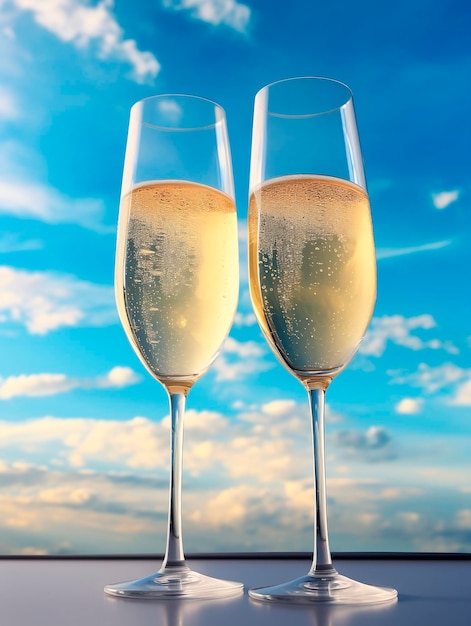 Deux verres de champagne avec des fleurs et des glaçons sur fond de ciel bleuAI généré
