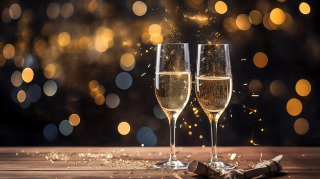 Deux verres de champagne sur fond bokeh célébration du Nouvel An