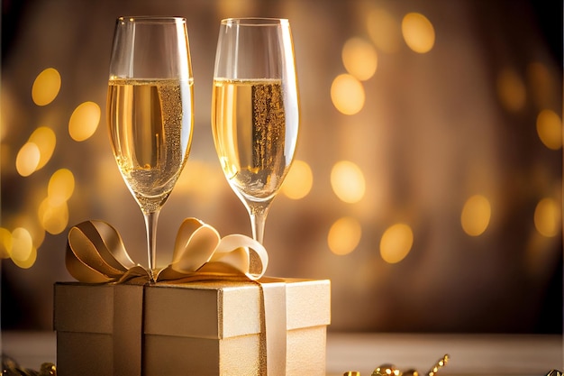 Deux verres de champagne sur un fond clair bokeh prêt pour les célébrations du Nouvel An