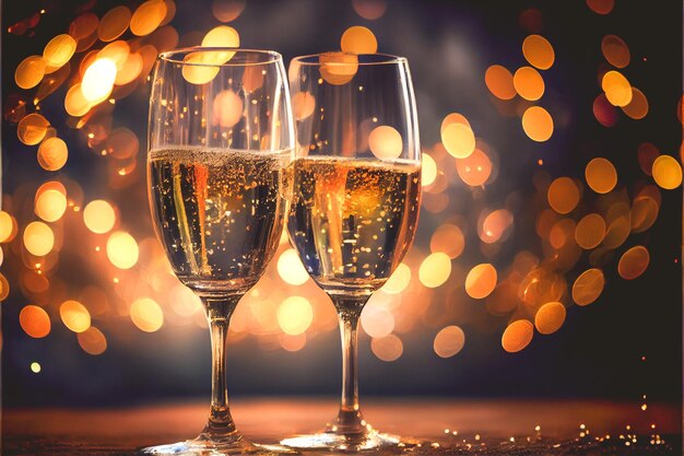 Deux verres de champagne sur un fond clair bokeh prêt pour les célébrations du Nouvel An