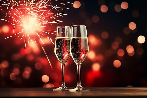 Deux verres de champagne sur le fond des feux d'artifice