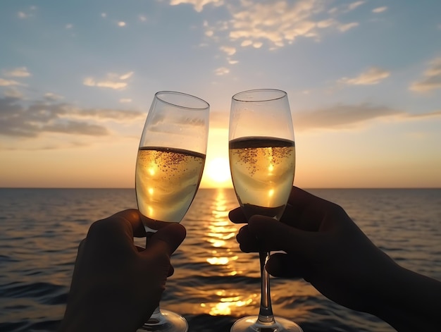 Deux verres de champagne sur le fond de la mer et du coucher du soleil