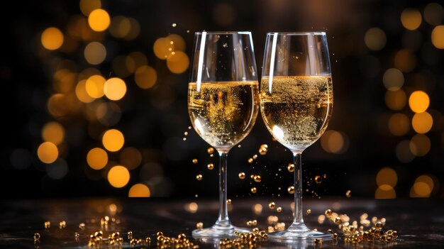 Deux verres de champagne sur un fond rempli de confettis noir et or