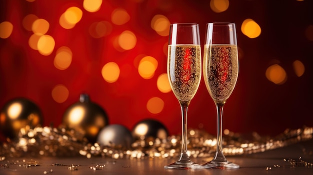 Deux verres de champagne sur un fond rouge et or festif