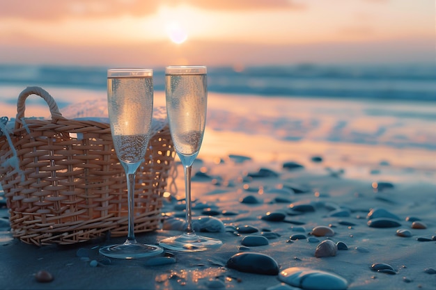 Photo deux verres de champagne et un panier sur une plage