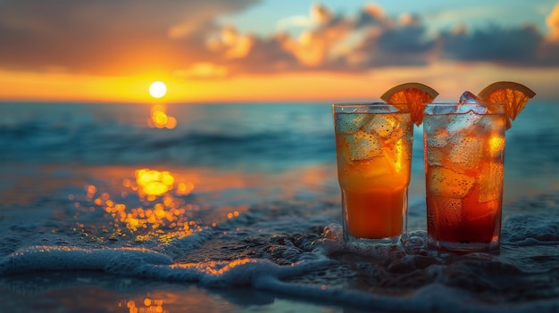 Deux verres de champagne sur la plage au coucher du soleil