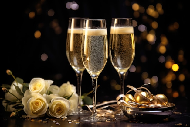 Deux verres de champagne et de roses sur fond bokeh Concept du nouvel an Verres luxueux avec champagne doré sur fond sombre AI généré