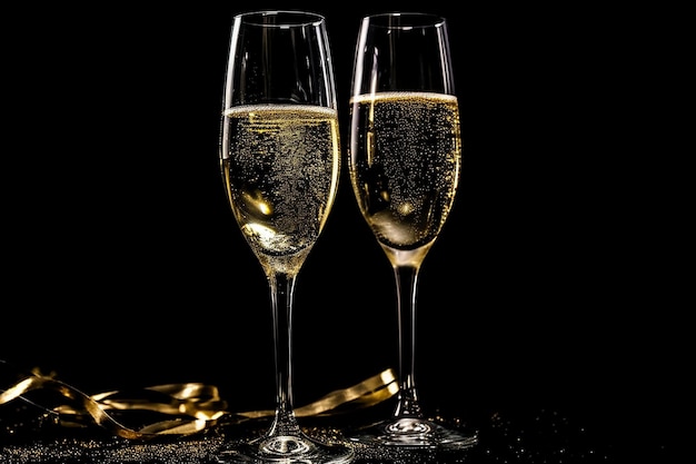 Deux verres de champagne avec ruban d'or sur fond noir