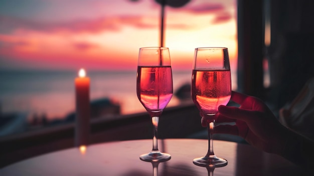 Deux verres de champagne sur une table avec un coucher de soleil en arrière-plan