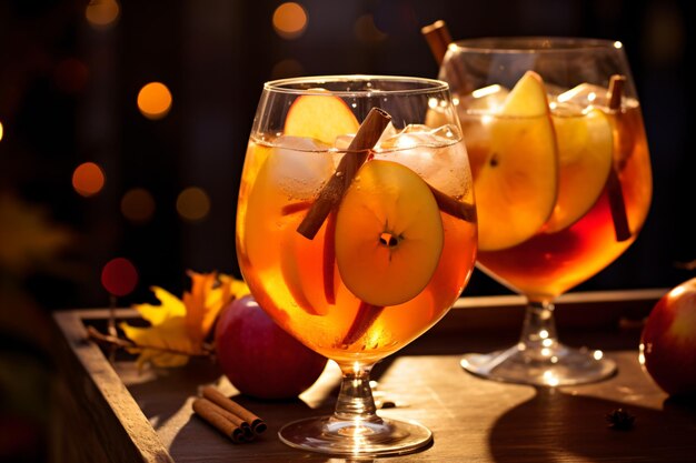 Photo deux verres de cid de pomme assis sur un plateau