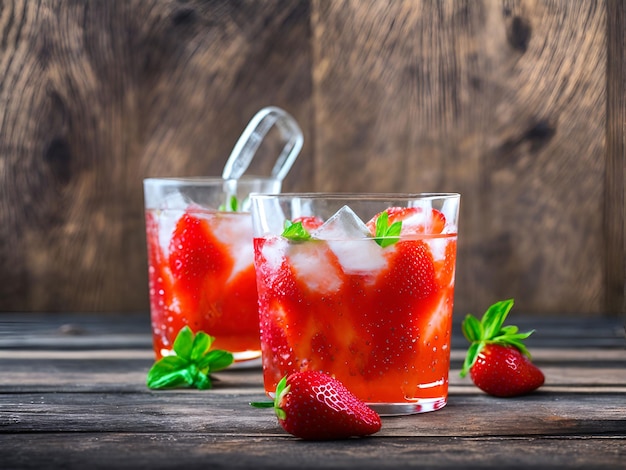 Deux verres de cocktail aux fraises avec de la glace et des fraises sur une table en bois.