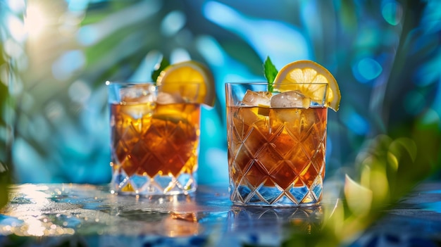 Deux verres de cocktail Cuba Libre avec du citron glacé et de la menthe sur fond bleu