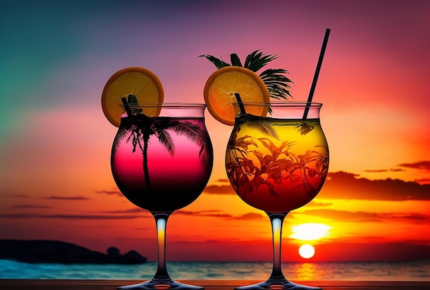 Deux verres à cocktail décorés sur un fond de coucher de soleil de plage tropicale ai génératif