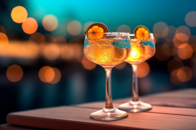 Deux verres de cocktail sur le fond des lumières nocturnes de la ville