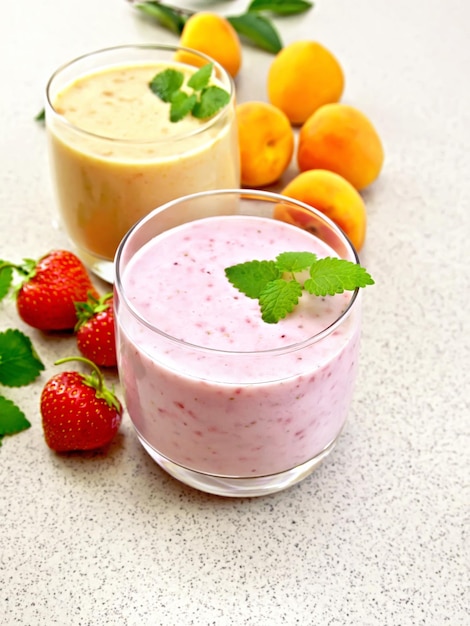 Deux verres de cocktail de lait aux abricots et fraises à la menthe sur le fond d'une table en granit