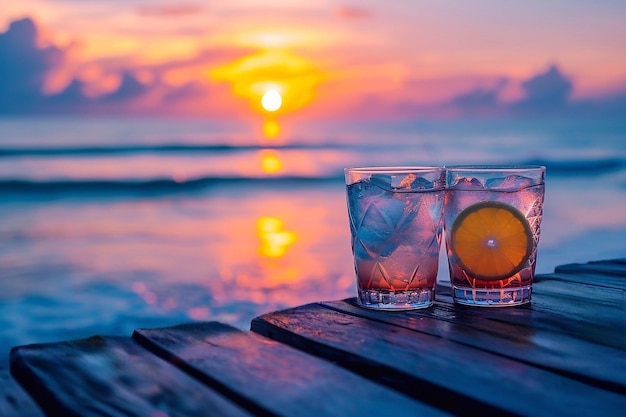 Deux verres de cocktails sur le fond de la mer et du coucher de soleil
