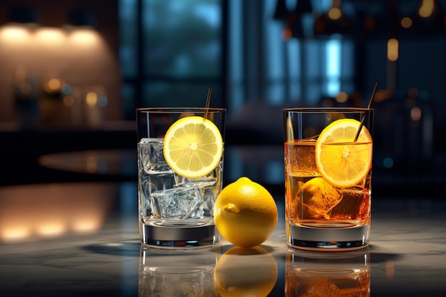 Deux verres de cocktails avec une tranche de citron sur le côté droit sont affichés