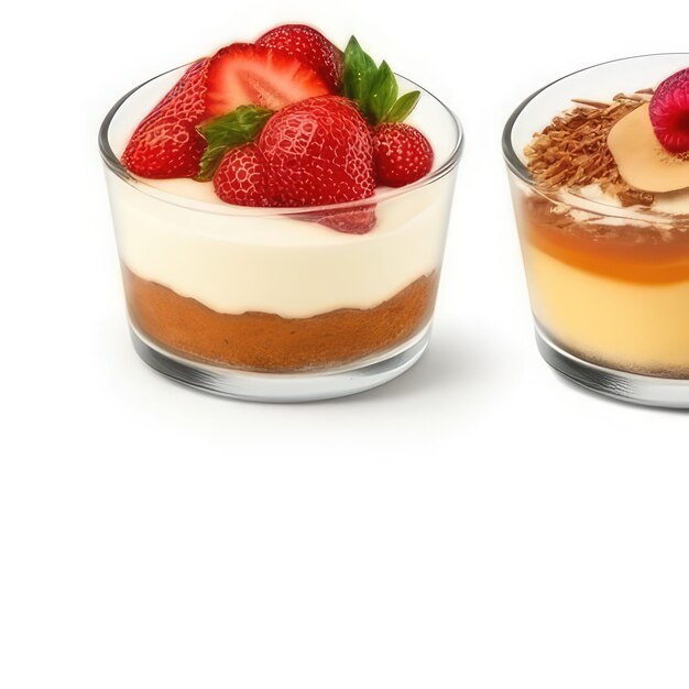 Deux verres de dessert avec des fraises et des fraises dessus.
