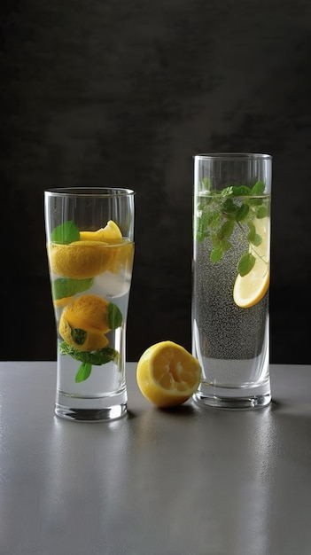 Deux verres d'eau citronnée avec un citron à côté.