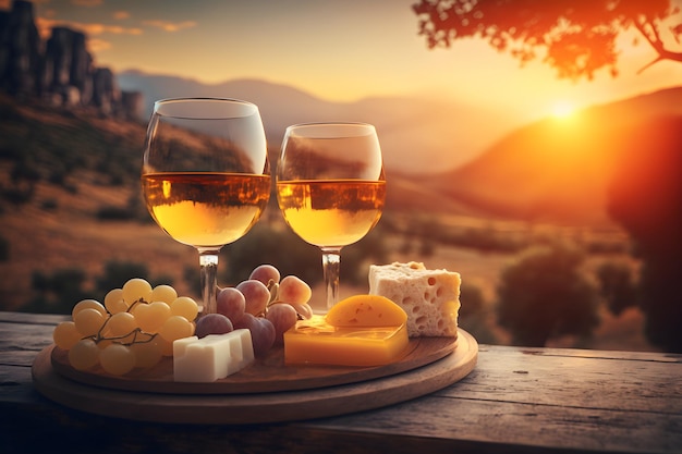 Deux verres de fromage au vin blanc sur la table avec vue floue sur les montagnes au coucher du soleil