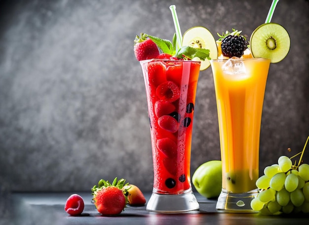 Deux verres de fruits sur une table, l'un étant une fraise et l'autre étant une fraise et l'autre étant une fraise.