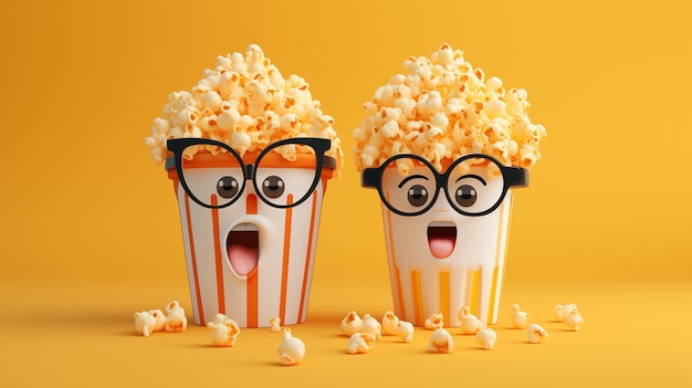 Deux verres joyeux de pop-corn se tiennent à côté l'un de l'autre concept de film de personnage de pop-corns