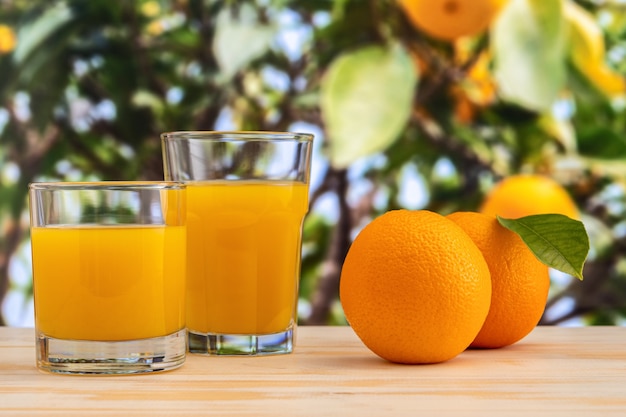 Deux verres de jus d'orange sur fond de nature