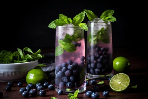 Deux verres de limonade aux bleuets avec des feuilles de menthe sur une table en bois.