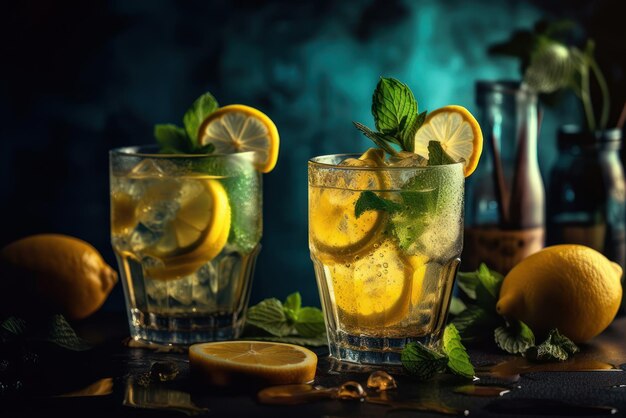 Deux verres de limonade aux citrons et à la menthe sur fond sombre