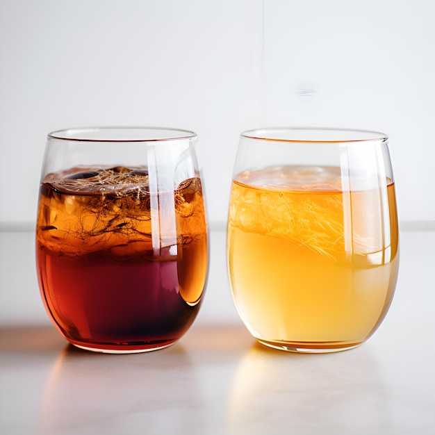 Deux verres de limonades maison kombucha au thé noir et vert sur blanc gros plan Boissons kombucha non filtrées à base de sucre de levure et de thé plein de boissons fermentées antioxydantes avec probiotiques