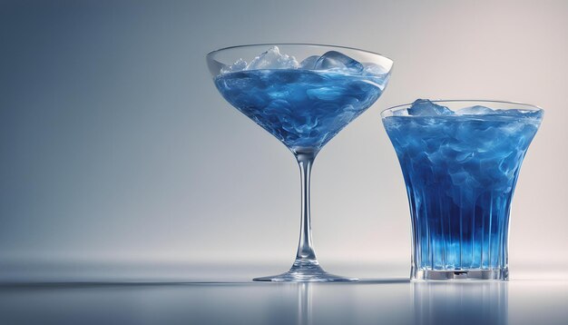 deux verres de martini avec des cubes de glace, dont l'un est bleu.