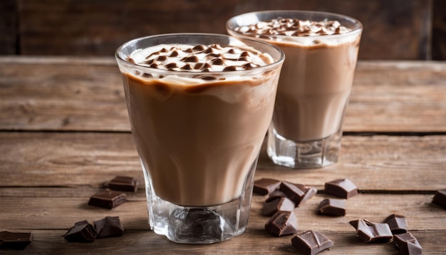 Deux verres de milk-shake au chocolat sur une table en bois.