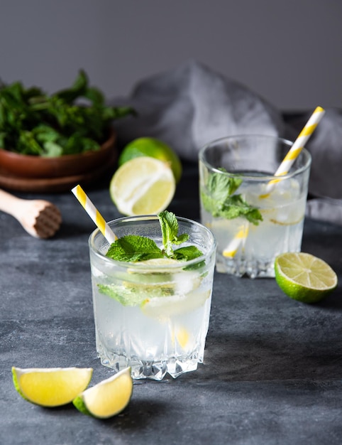 Deux verres de mojito de limonade au citron vert avec des tranches de citron vert et de la menthe sur fond gris image sombre et en gros plan