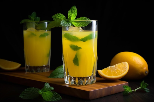 Deux verres de mojito orange à la menthe sur une planche de bois.