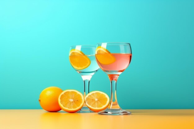 Deux verres d'oranges et un fond bleu avec des oranges.