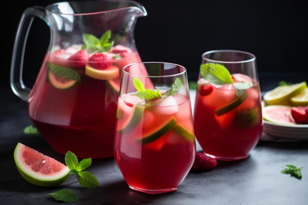 Deux verres de sangria à la pastèque avec un pichet d'eau et un pichet d'eau.