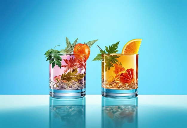 deux verres de shot avec des boissons tropicales sur un fond coloré