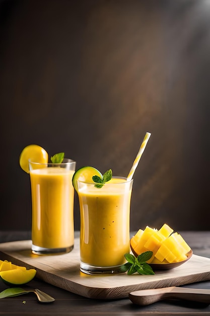 Deux verres de smoothie à la mangue avec une paille sur le côté.