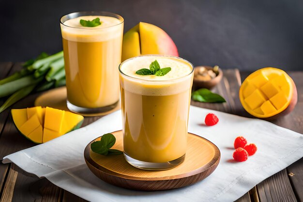 Deux verres de smoothie à la mangue avec une tranche de mangue sur le côté