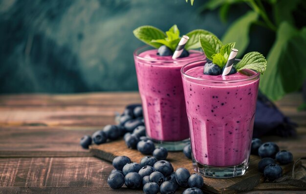 deux verres de smoothie de myrtille sur une table en bois