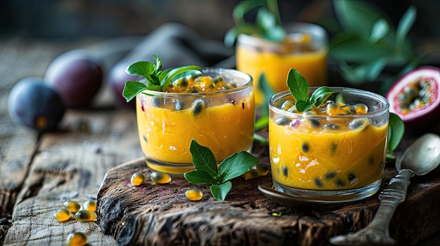 Deux verres de smoothie d'orange sur un plateau en bois