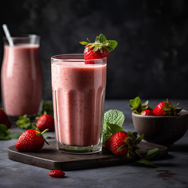 Deux verres de smoothies aux fraises dont un à la fraise.