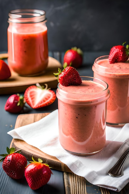 Deux verres de smoothies aux fraises sur une serviette blanche avec quelques fraises sur le côté.