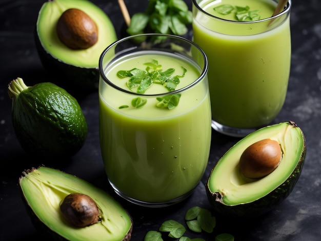 Deux verres de smoothies à l'avocat avec avocat sur fond noir.