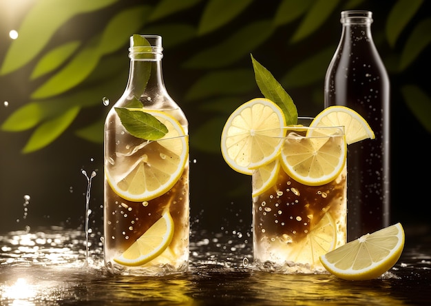 Deux verres de soda avec des glaçons et du citron sur fond sombre Generative AI