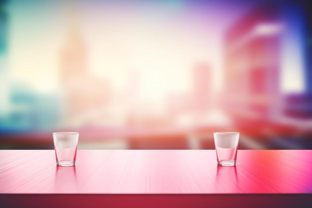 deux verres vides assis sur une table devant un paysage urbain