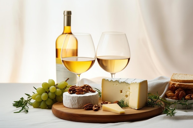 Deux verres de vin blanc et assiette de fromage et de raisins sur table